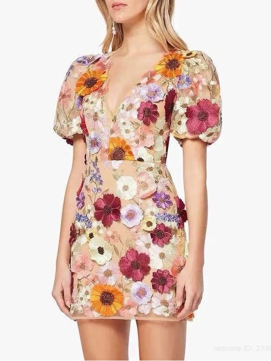 Elliatt Dresses & Skirts - Elliatt Nude Floral Embroidered Puff-Sleeve Mini Dress
